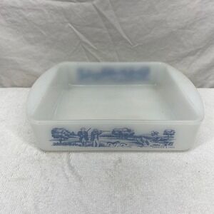 Glasbake Currier & Ives Blue Milk Glass Square Baking Dish J-2428 Made in USA